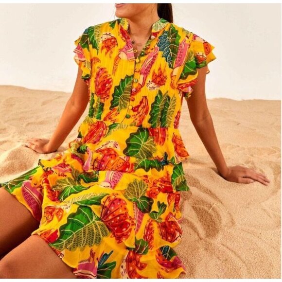 Farm Rio Yellow Beaks and Bananas Layered Mini Dress Size S - Picture 1 of 7